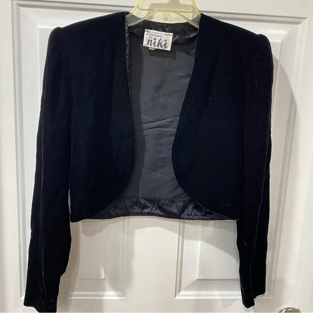 80’s Vintage black velvet long sleeve cropped, Karen Lucas made for Niki coat
